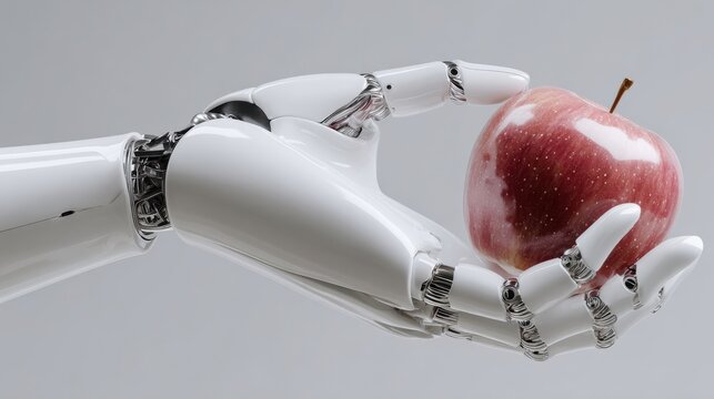 Future oriented robot hand delicately holding apple with clean design. Contemporary robotic hand gently clutching apple emphasizing minimalistic aesthetic and refined craftsmanship