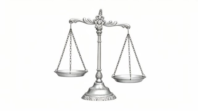 Ornate silver metal scales of justice symbol of legal balance and judicial system on white background