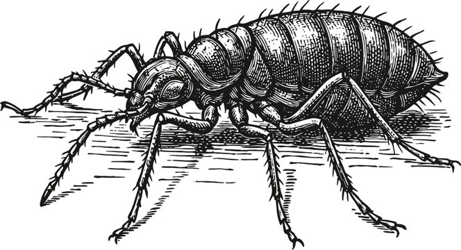 Detailed black and white illustration of a flea insect with segmented body and long legs