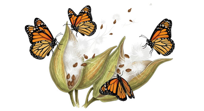 Monarch Butterflies on Milkweed Pods, Seed Dispersal, Nature Illustration