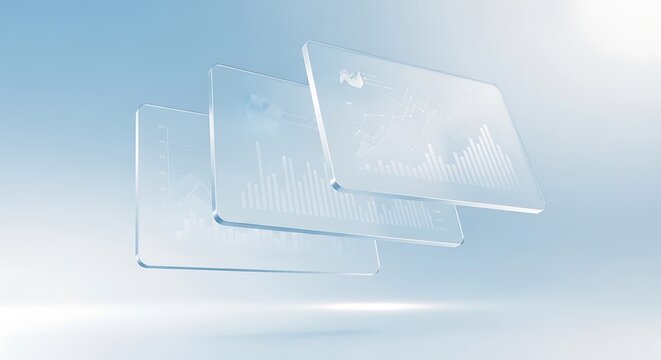 Four transparent glass or plastic plates with etched bar graphs and other data visualizations float in mid-air against a bright blue and white gradient background