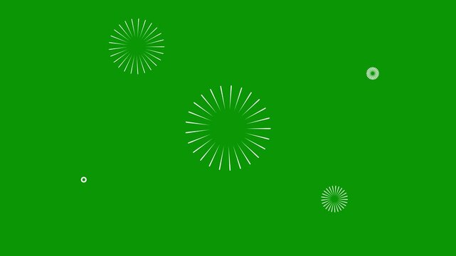 White line flat vector explosions motion effects with firework cartoon style circle burst animation and glowing geometric spark trails on green screen background for versatile video overlays.