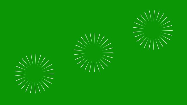 White line flat vector explosions motion effects with firework cartoon style circle burst animation and glowing geometric spark trails on green screen background for versatile video overlays.