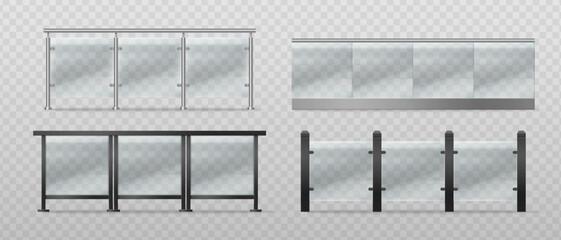 Fototapeta premium Glass panel railing designs set isolated on transparent background. Vector realistic illustration of steel barrier with metal frame and plexiglass for modern balcony or terrace, architecture elements