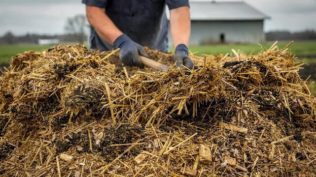 Medium shot of poultry manure compost blending with straw and wood chips showcasing aeration and moisture control for optimal carbonnitrogen balance in sustainable farming.