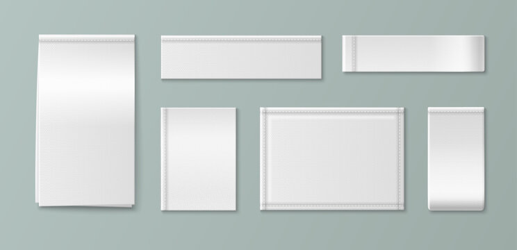 White fabric label mockup with realistic woven texture. Blank cotton tag sewn on cloth garment with detailed stitching, vector set isolated on background. Brand identity and apparel design product