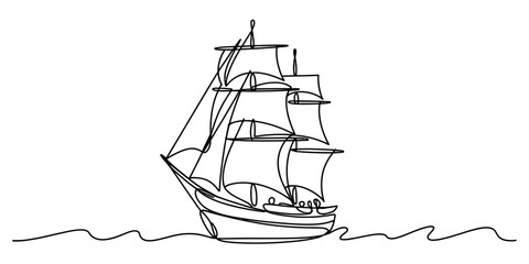 Continuous one line drawing of a vintage sailing ship with multiple sails on a wavy ocean surface © Bobita