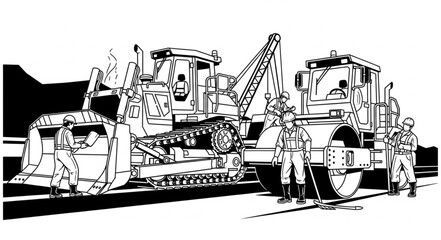 Construction Site with Heavy Machinery and Workers Illustration. © Nur Kholis