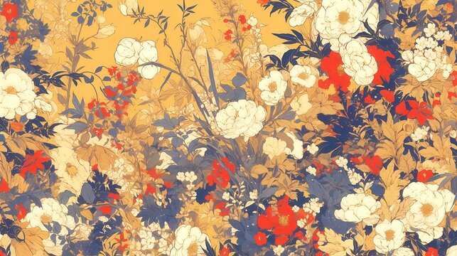 City Pop Anime Inspired Floral Pattern, vibrant traditional Lao textile design, soft earthy tones, intricate weaving, bold outlines, seamless background, modern pop art aesthetic