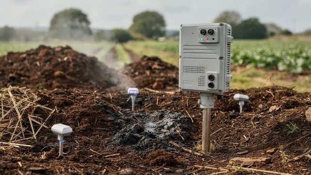 Medium shot of rugged field unit connected to wireless IoT probes in outdoor compost environment tracking vital parameters like moisture temperature and oxygen for precision