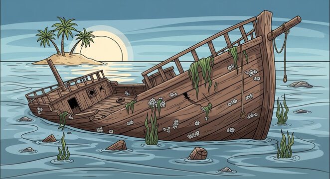 Sunken Shipwreck Remains Near Tropical Island, Covered in Algae and Barnacles.