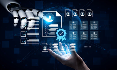 This captivating image showcases a robotic hand interacting with digital documents, symbolizing the...