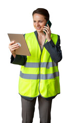 Isolated professional female wearing high visibility vest talking on mobile phone and using digital tablet.