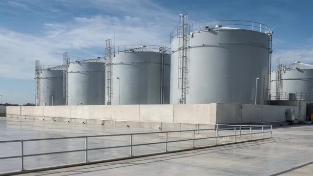 Outdoor medium shot of large bunded silos storing fatty bases and acids surrounded by safety barriers and open sky highlighting robust industrial storage solutions.