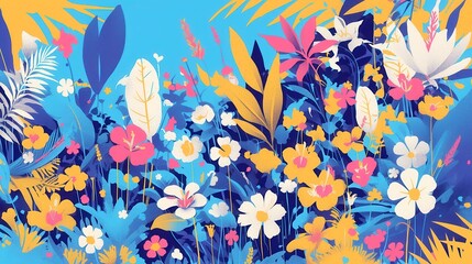 Fototapeta premium Tropical City Pop Pattern, vibrant Balinese floral carvings meet bold outlines and neon colors, creating a seamless ornamental design perfect for resort branding and modern aesthetics