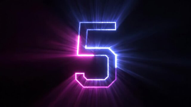 The number five glows in the dark in pink and blue neon light as a modern minimal digital symbol.