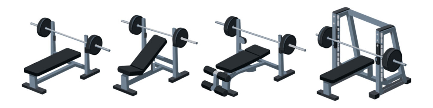 Collection of weightlifting benches and smith machine for gym workouts
