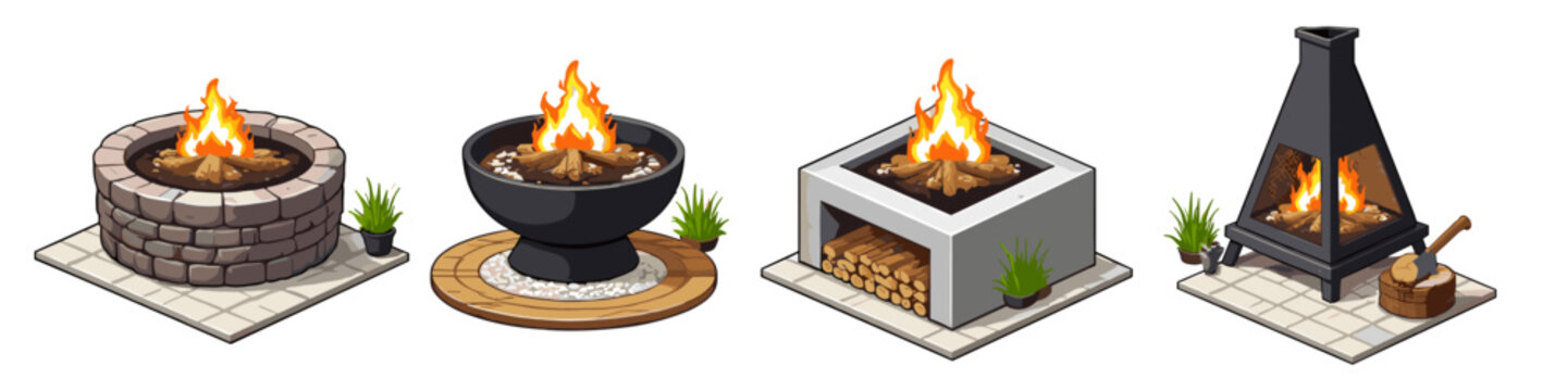 Collection of four distinct outdoor fire pit designs with burning logs and flames
