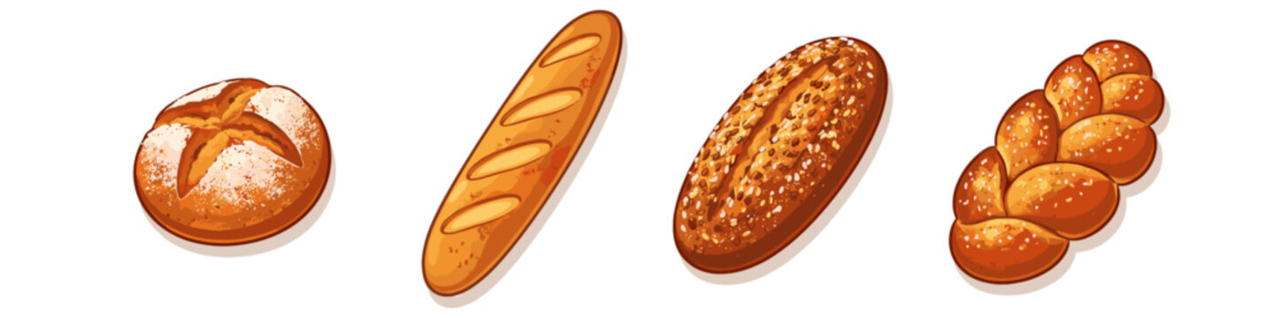 Assortment of freshly baked bread loaves including a round roll, baguette, seeded oval, and braided challah