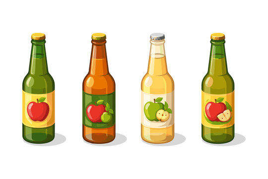 Four bottles of apple cider with different labels and colors, isolated on white background