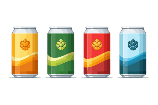 Four colorful beverage cans with hop icons and wavy designs, isolated on white