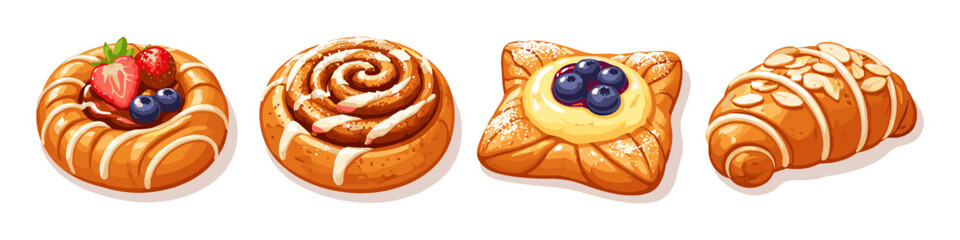 Plakat Assortment of delicious pastries including a danish, cinnamon roll, and croissant