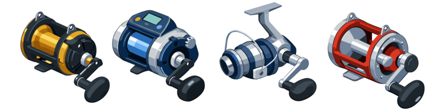 Collection of four different fishing reels in isometric view, isolated on white