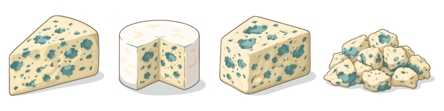 Assortment of blue cheese wedges, a wheel, and crumbled pieces on a white background