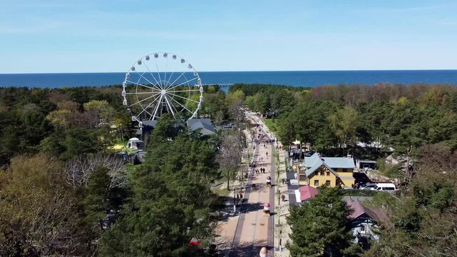 Aerial view of Palanga, Lithuania showcases a large Ferris wheel set amid lush greenery. A central pathway leads to a long pier extending into the Baltic Sea. The Ferris wheel is situated near 