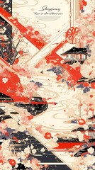 Fototapeta premium Elegant Japanese Pattern, Inspired by Sakura Blossoms and Waves, Soft Pastels, Delicate Linework, Seamless Texture, Minimal Composition, Bold Black Outlines, Geometric Style