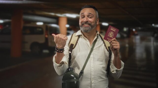 Man with backpack and canteen holding a passport and thumb pointing over shoulder inside a parking building with parked cars and concrete pillars visible; travel confidence.