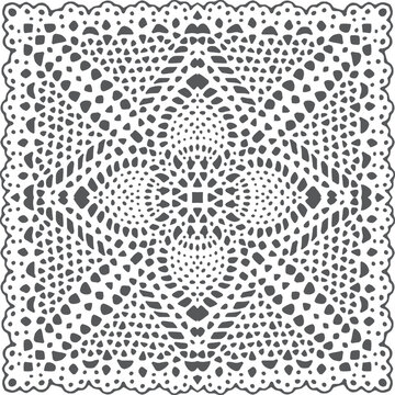 Intricate black and white crochet lace doily pattern with symmetrical floral motifs and delicate border