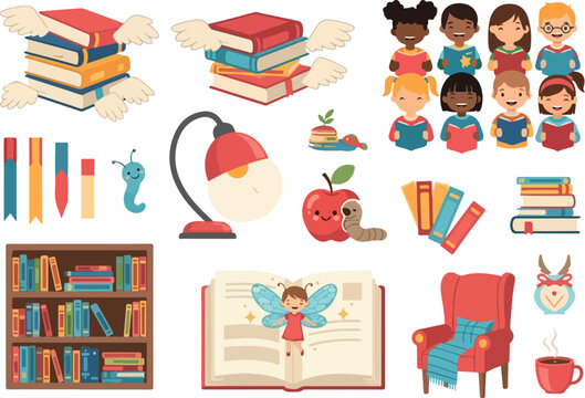 A whimsical collection of colorful illustrations celebrating the joy of reading, featuring flying books, a charming fairy, a friendly worm, and cozy reading nooks