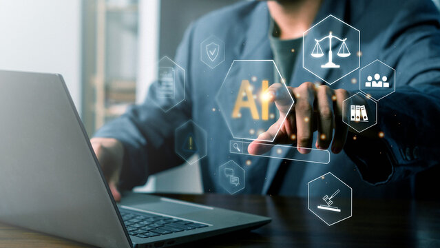 AI governance and policy compliance concept with business professional using laptop, showing legal regulation, data protection, automation, and digital risk management interface for corporate security