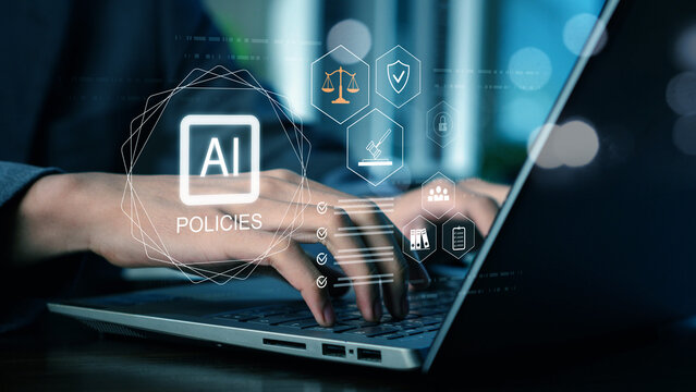 AI governance and policy compliance concept with business professional using laptop, showing legal regulation, data protection, automation, and digital risk management interface for corporate security