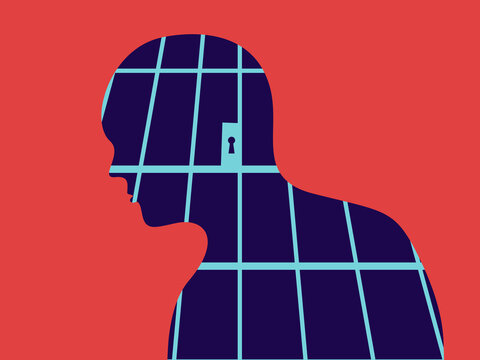 A conceptual illustration of a human silhouette filled with grid-like prison bars, symbolizing a person being imprisoned or detained. A small door with a keyhole inside the figure.