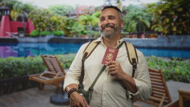 Man holding passport and water bottle at pool by hotel building, smiling with backpack on shoulder and bracelets visible; travel joy.
