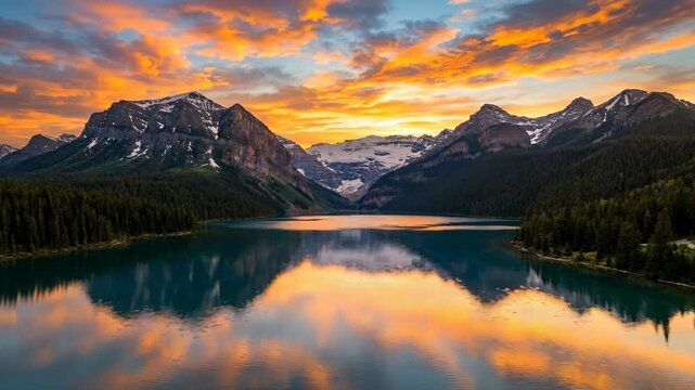Majestic alpine lake at sunset with vibrant orange clouds reflecting in still water and snowy mountains