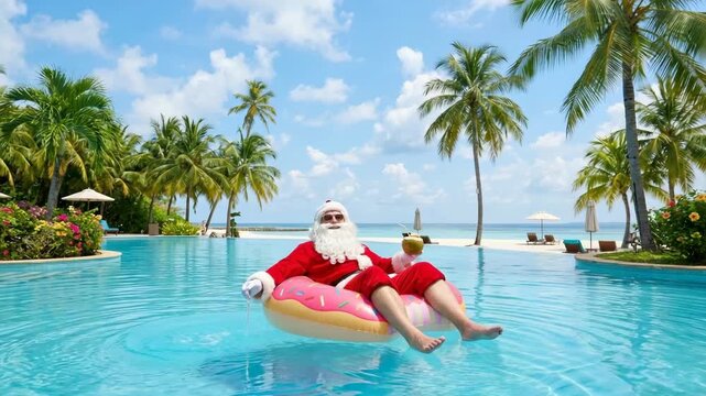 Man dressed as Santa Claus relaxing on a pink donut float in a resort pool during tropical summer holiday