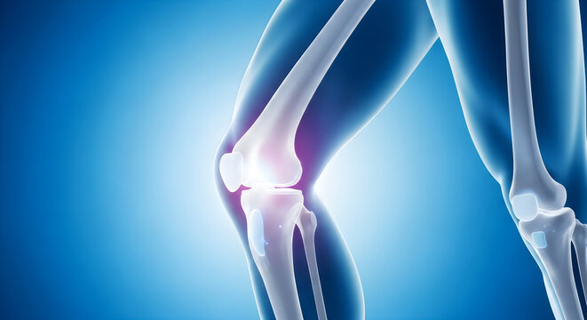 Illustration of human knee joint with pain on blue background
