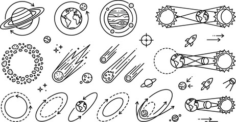 Space Orbit and Asteroid Line Icons Set with Planets, Comets, Trajectories and Cosmic Motion Diagrams © Ruksana Creatives