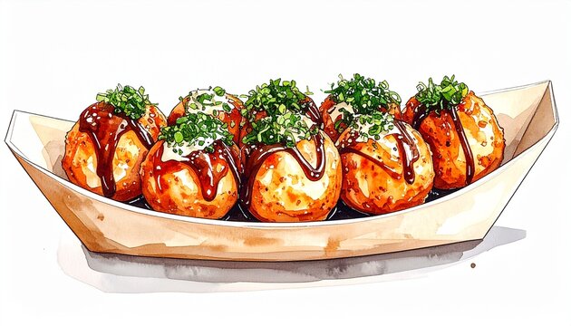 たこ焼きのイラスト｜ソースとマヨネーズがかかった丸いたこ焼きをトレイに並べた水彩タッチの料理素材