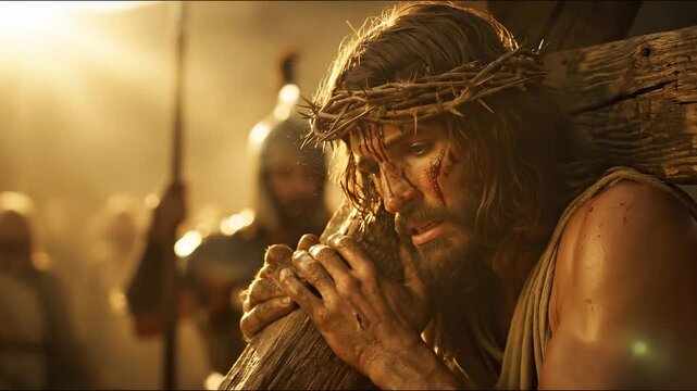 Jesus carrying the wooden cross wearing crown of thorns. Christian savior during the passion of Christ on good Friday. Religious scene of suffering and devotion.