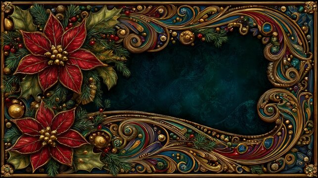 Ornate Christmas frame featuring red poinsettias and intricate gold filigree scrolls. Deep teal textured background with holiday holly, berries, and jewel-toned accents in a vintage relief style.
