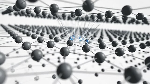 Minimalist Data Connection Grid visualized as floating gray points suspended in bright white space, fine lines dynamically linking and unlinking in smooth animated transitions, shallow depth of field