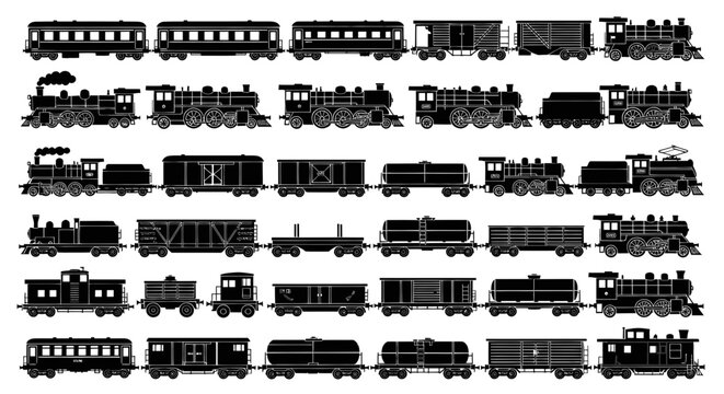 Vintage Train Collection: Steam Locomotives and Wagons Silhouette Set