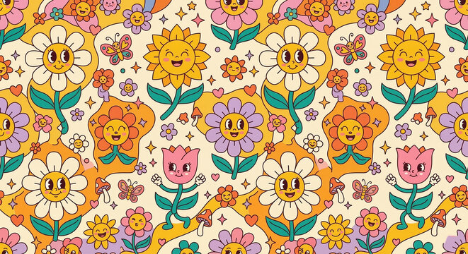 Retro Groovy Seamless Pattern with Cute Cartoon Characters Aesthetic 70s Hippie Style
