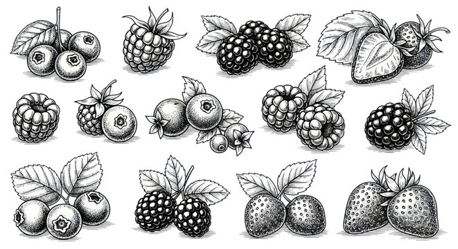 Hand-drawn collection of fresh berries: strawberries, blueberries, raspberries, blackberries