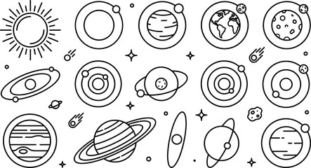 Solar System Line Icons Set with Planets, Orbits, Sun, Comets and Space Elements © Ruksana Creatives