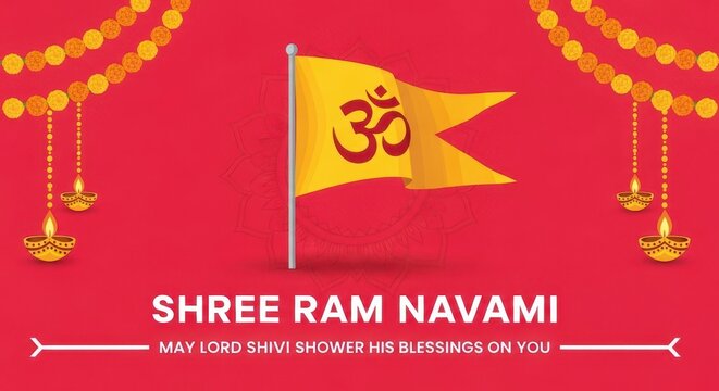 Yellow Om Flag Waving on Red Background with Indian Festival Decorations